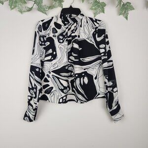Cupcakes and Cashmere Size XS Black White Artsy Long Sleeve Mock Neck Top Blouse